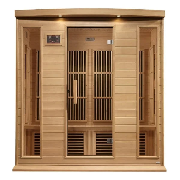 Maxxus near-zero EMF far infrared sauna with glass front doors and wood frame