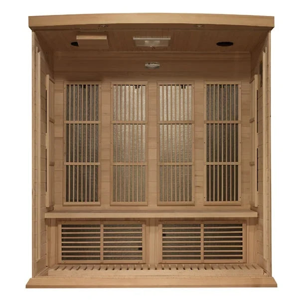 Maxxus near-zero EMF far infrared sauna interior with wooden benches and heater vents