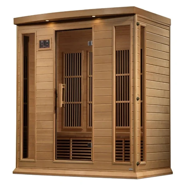 Maxxus near-zero EMF far infrared sauna three-quarter view with control panel and doors