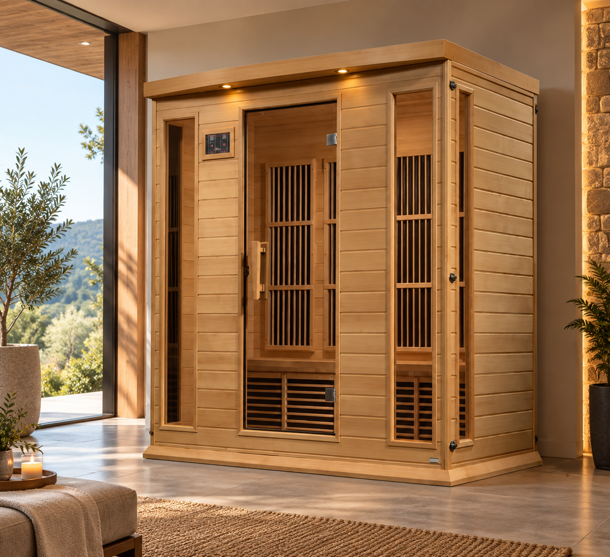 Maxxus near-zero EMF far infrared sauna corner view with two side doors