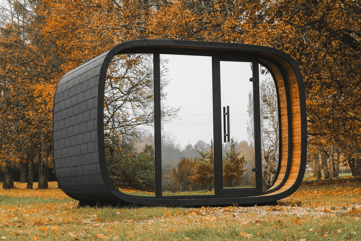 Leil Round Cube Double ThermoWood Outdoor Sauna with Changing Room for 5–6 People, handcrafted Estonian sauna cabin, Red Dot Award 2024 modern outdoor wellness retreat