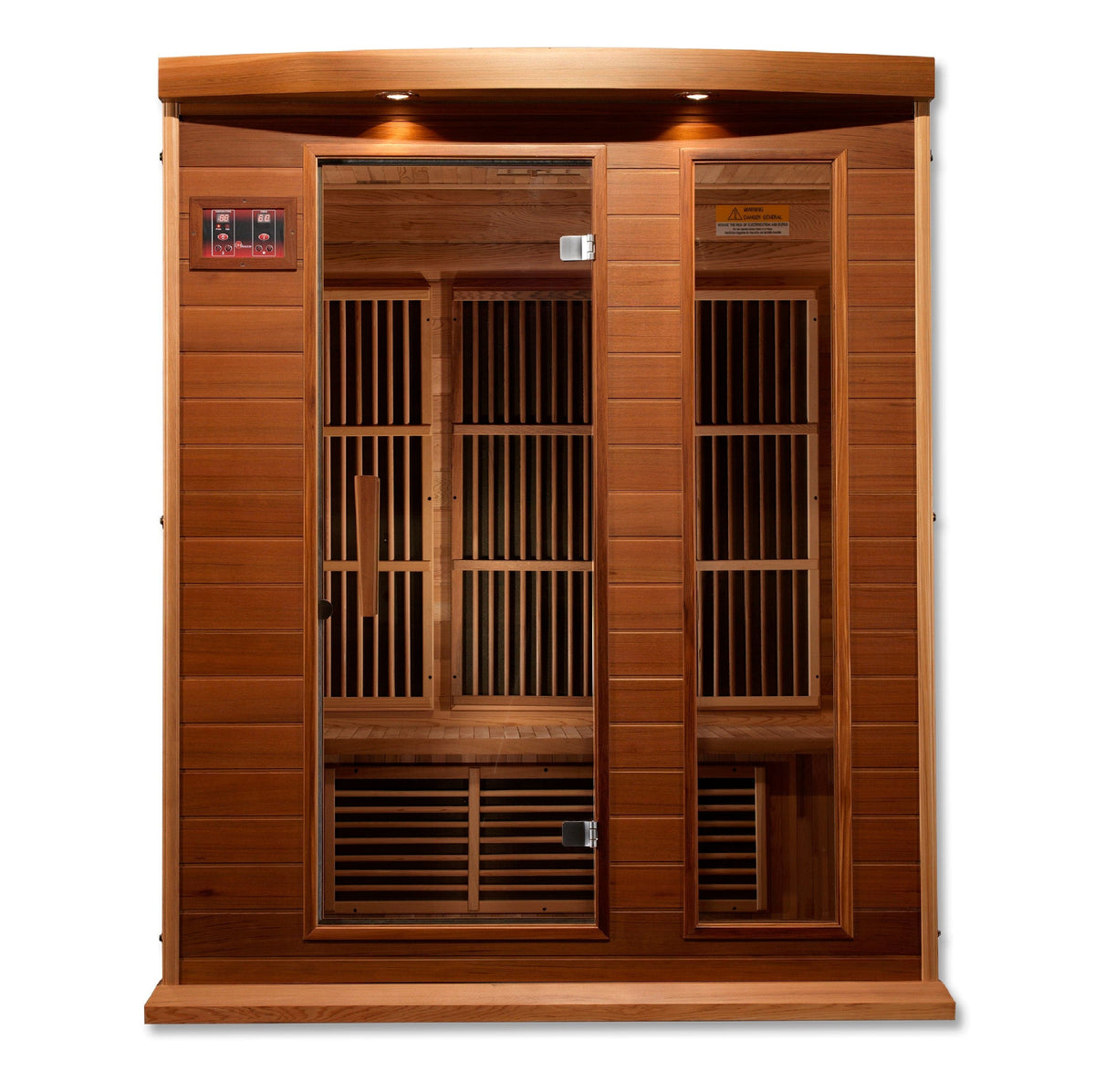Premium 3-person Maxxus Montilemar Edition infrared sauna with Near Zero EMF technology and natural Canadian Red Cedar wood interior for full-body relaxation.