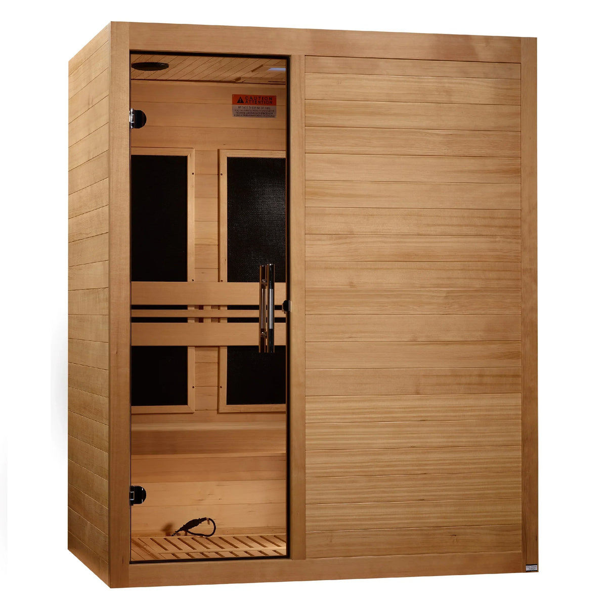 3-person infrared sauna with open door and wood interior bench seating