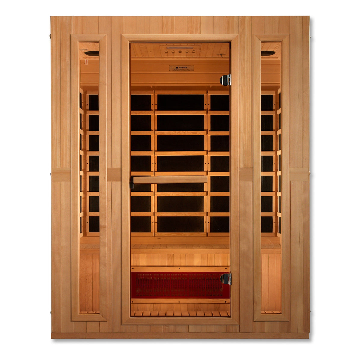 3-person Maxxus Trinity Infrared Sauna MX-LS3-01 with Dual Tech Low EMF heating, Canadian Hemlock wood, designed for home spa relaxation and detox therapy.