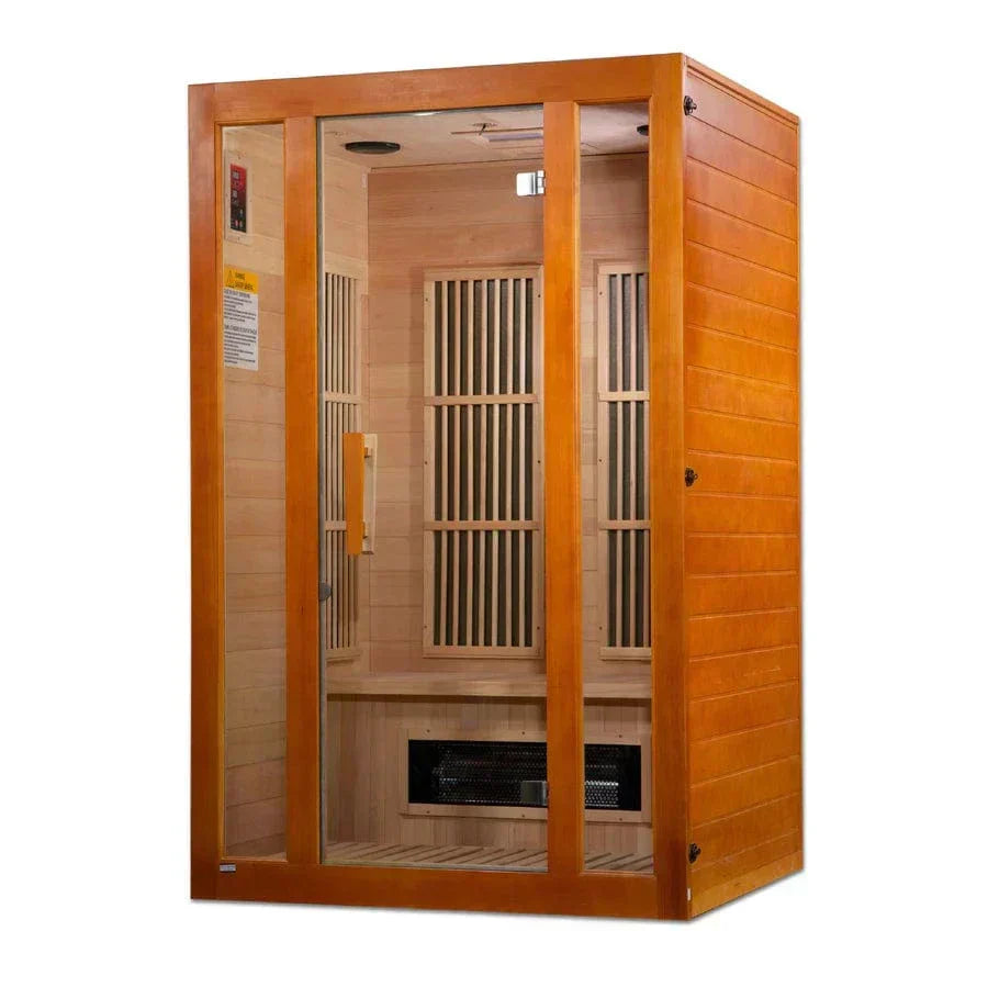Compact Maxxus Aspen 2-person far infrared sauna with Dual Tech heating system, Canadian Hemlock construction, and modern glass design for indoor relaxation