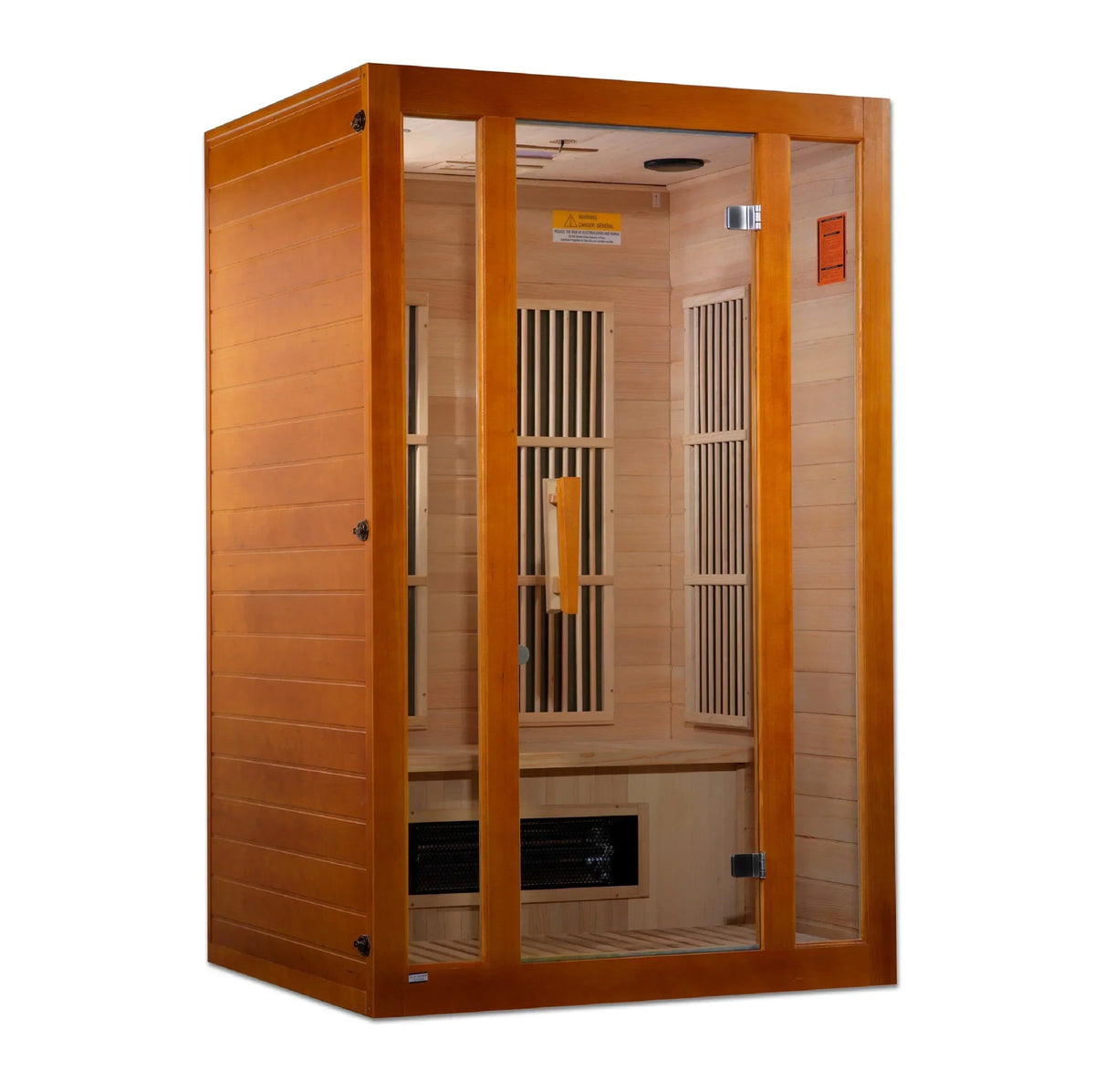 MX-J206-02S Maxxus Aspen 2-person Dual Tech low EMF far infrared sauna crafted from Canadian Hemlock wood, featuring tempered glass door and chromotherapy lighting for a modern home wellness experience.