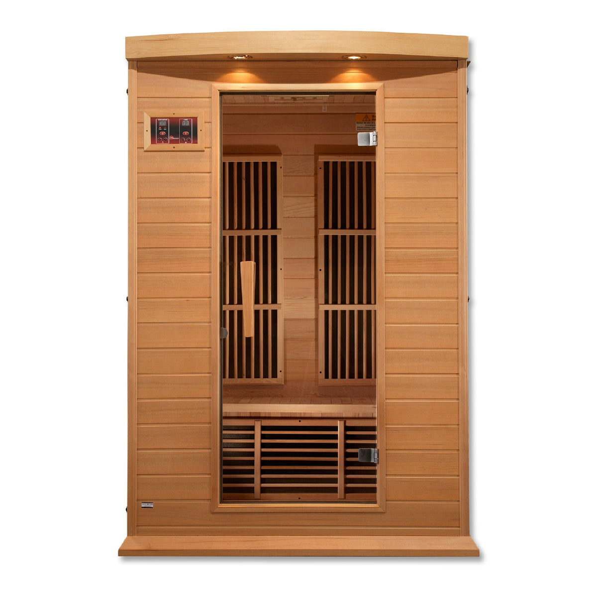 Maxxus 2-Person FAR Infrared Sauna MX-K206-01 with low EMF heating panels and Canadian Hemlock wood interior, ideal for home spa relaxation and recovery.