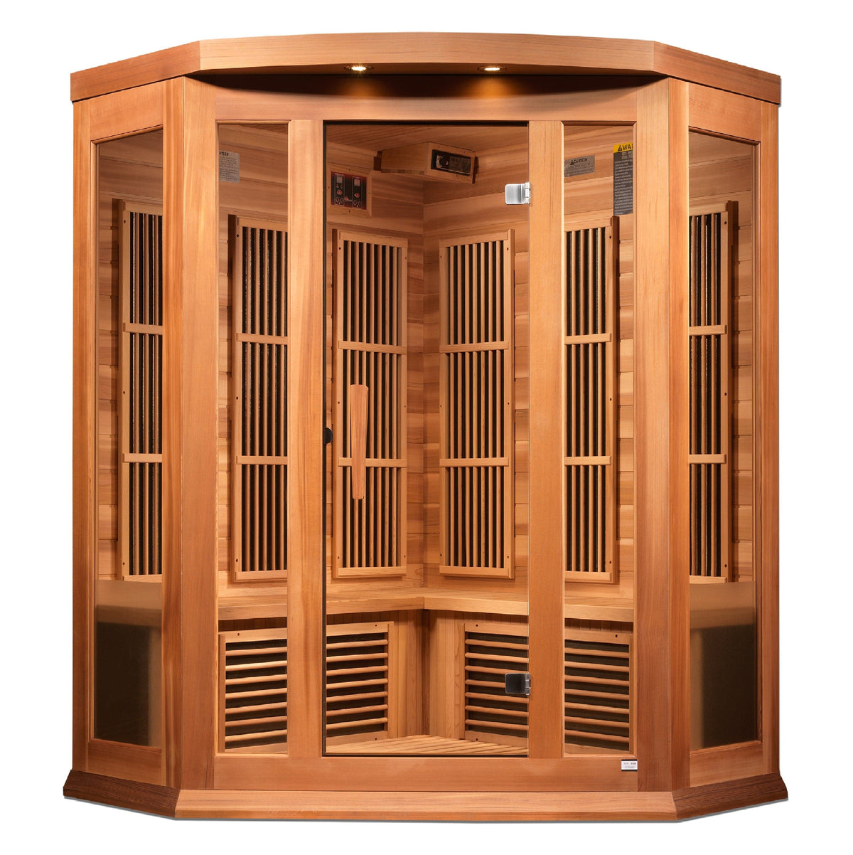 Maxxus MX-K356-01-ZF 3-Person Corner Infrared Sauna Canadian Red Cedar Near Zero EMF with Bluetooth, FM radio, USB and chromotherapy lighting for home spa relaxation