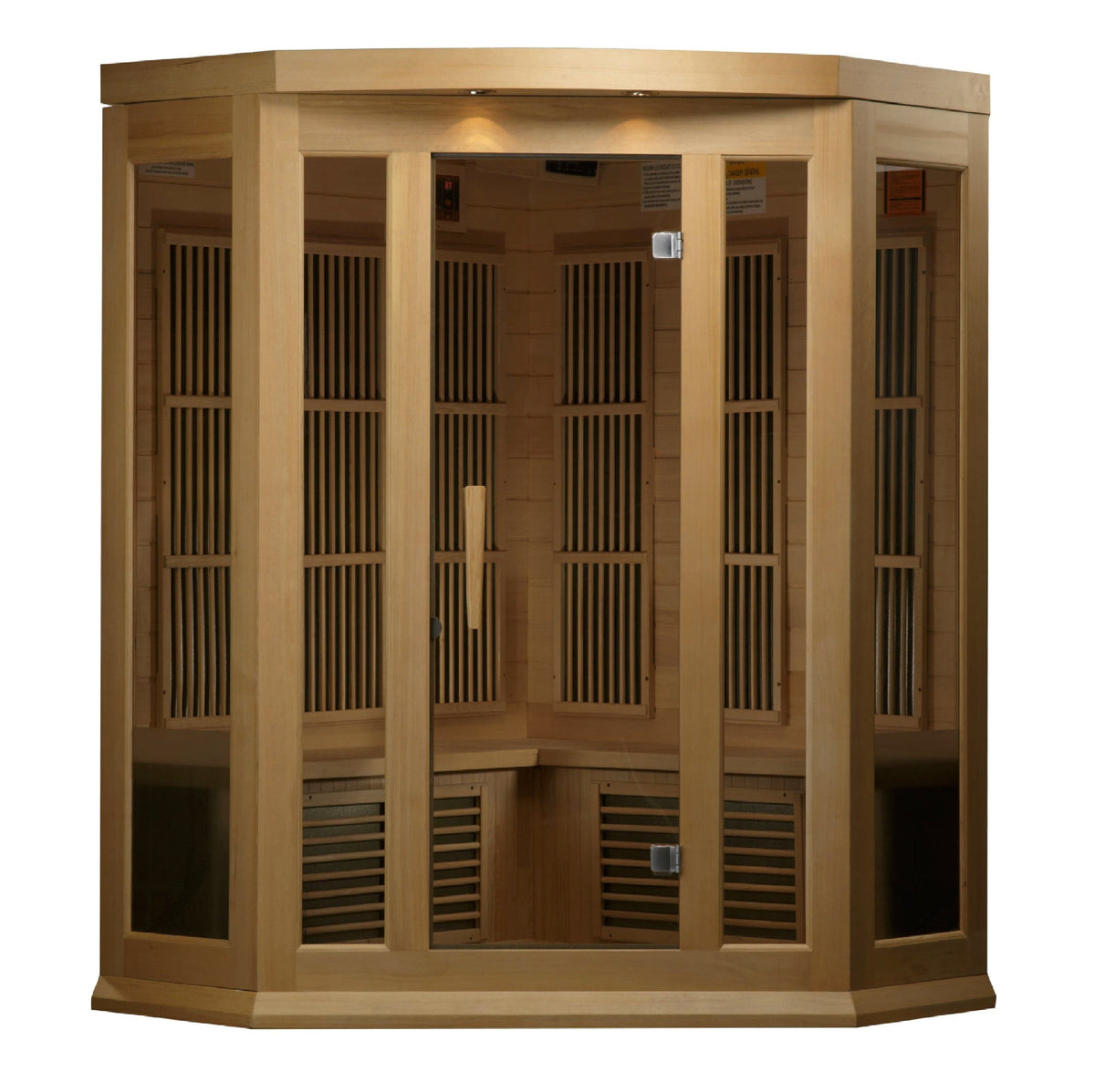 Maxxus 3-person corner infrared sauna with low EMF FAR heating system, crafted from Canadian Hemlock wood for indoor home wellness and relaxation