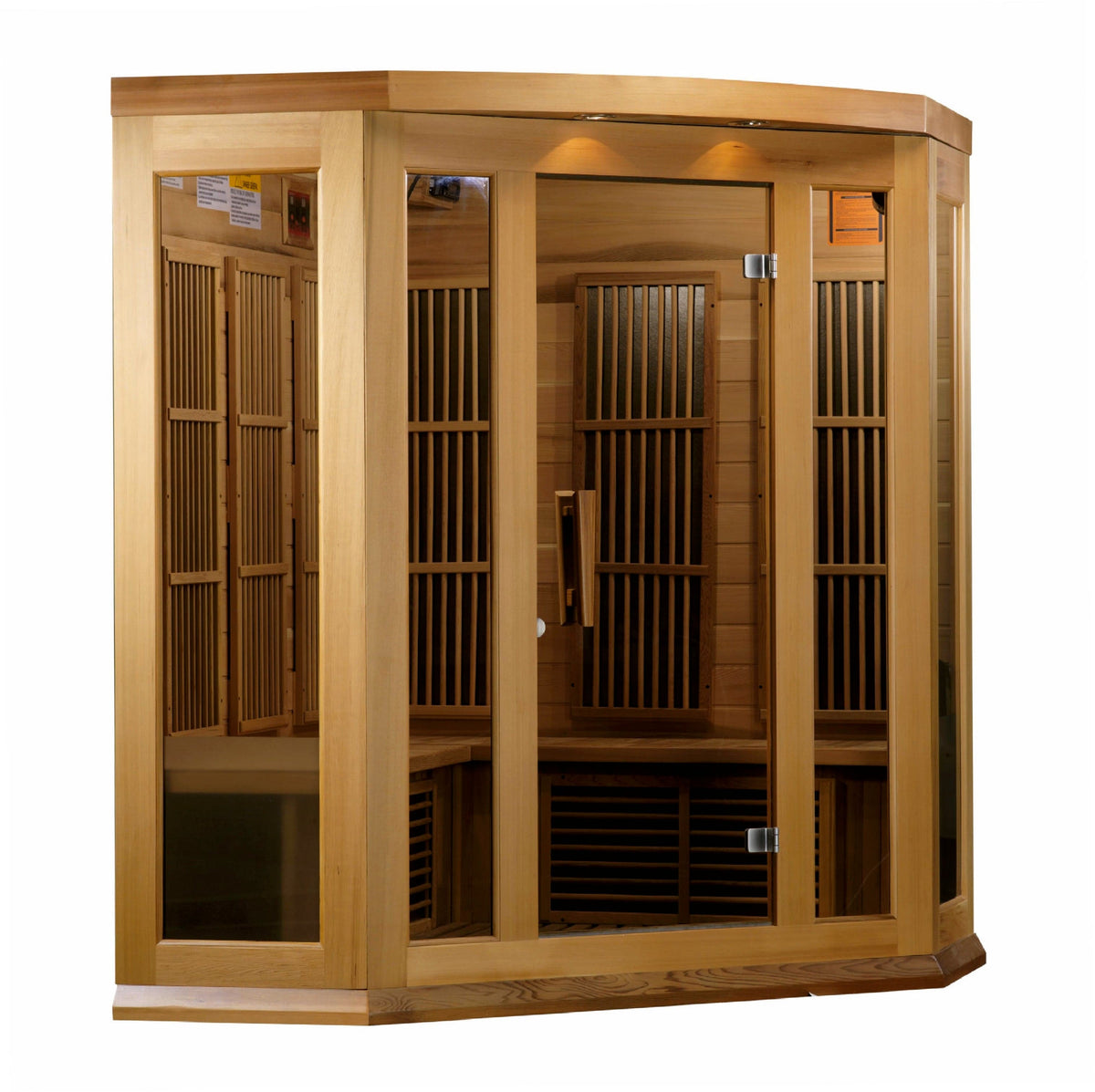 Maxxus 3-Person Corner Infrared Sauna in Canadian Red Cedar with low EMF heating for full-body relaxation and recovery