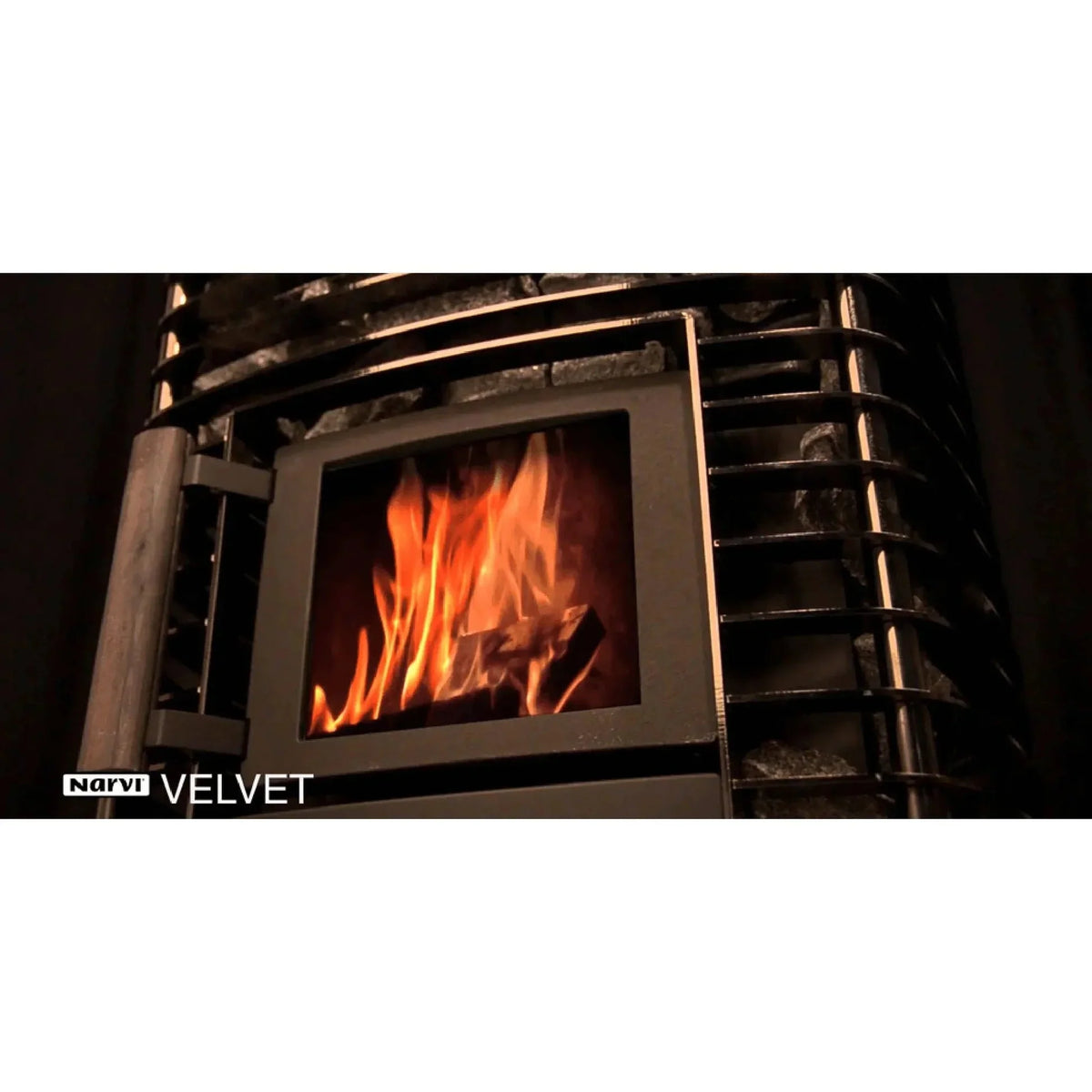 Wood-burning sauna heater with “Narvi Velvet” text and visible orange fire flame