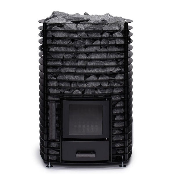 Front view of black wood-burning sauna heater with glass fire window and stone basket