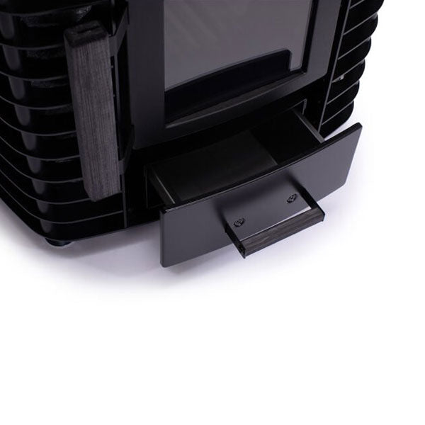 Black sauna heater with hinged ash door and upper stone compartment
