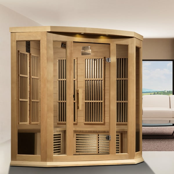 Corner wooden infrared sauna with front door and glowing ceiling lamps