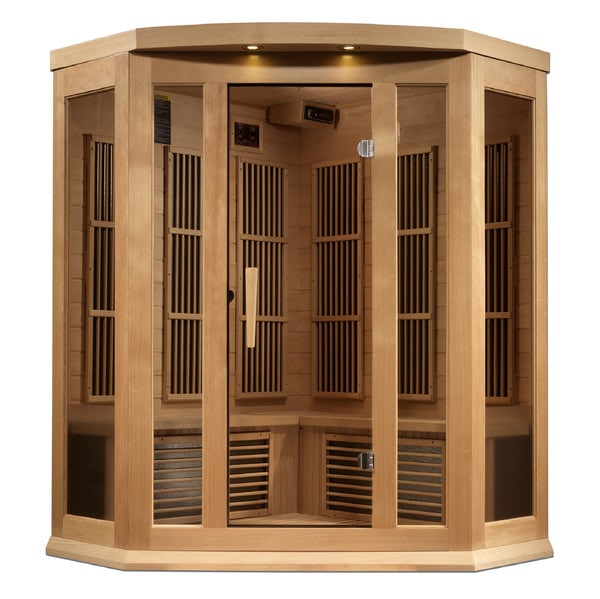 Wooden 3-person corner infrared sauna with glass door and bench seating