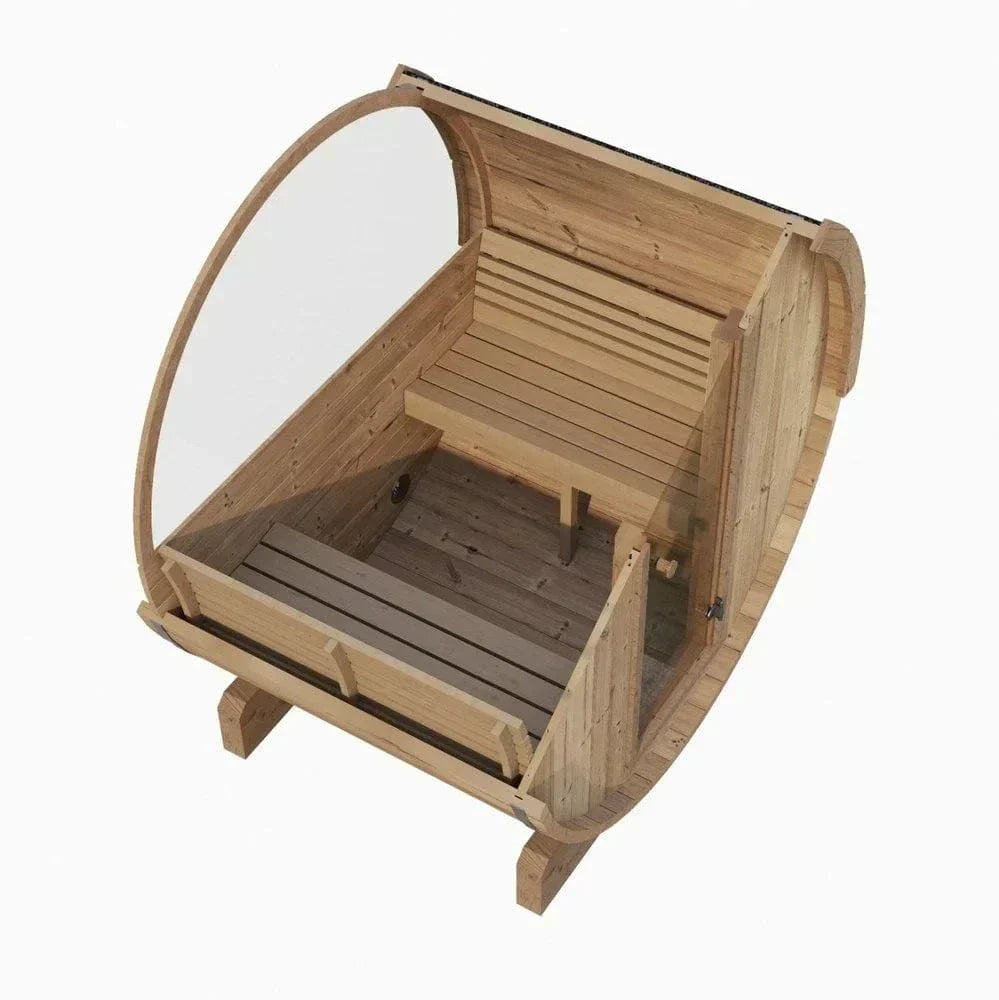SaunaLife Model E6W outdoor barrel sauna with panoramic window, premium Nordic spruce wood, ergonomic ERGO-Series design for backyard luxury wellness and relaxation