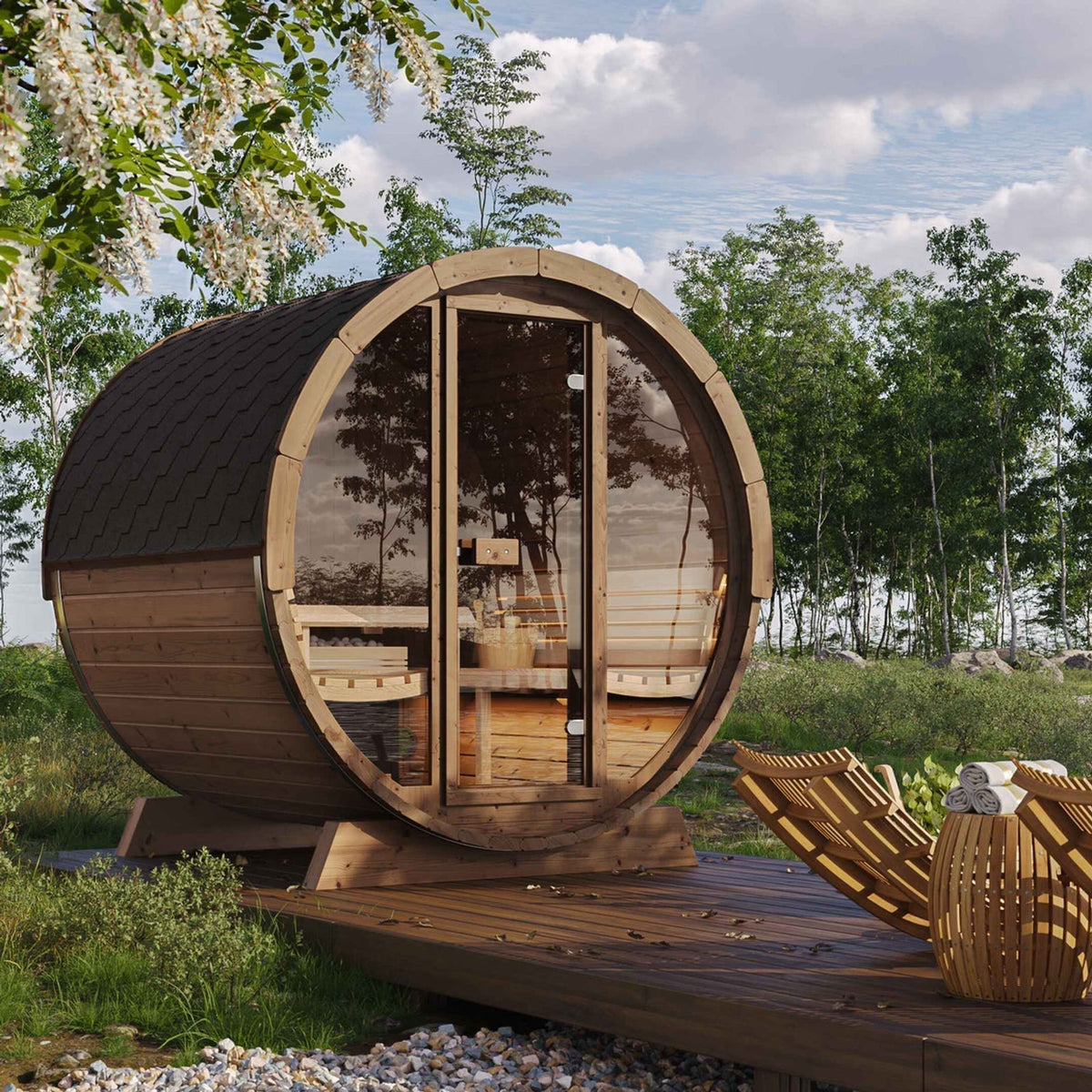 SaunaLife E7G ERGO Series 4 Person Barrel Sauna Featuring Panoramic Glass Front and Premium Outdoor Wood Construction