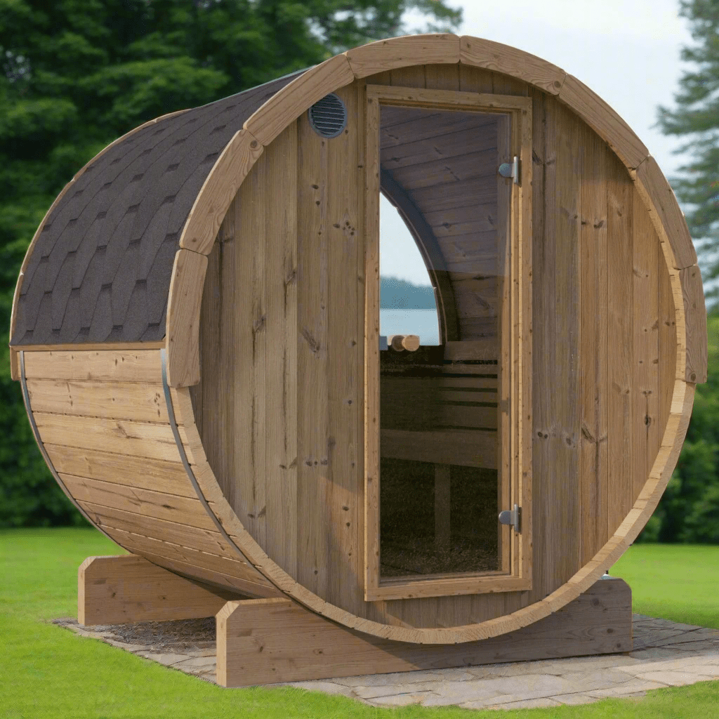 SaunaLife Model E7W outdoor barrel sauna with window, ERGO-Series premium backyard sauna cabin designed for long-lasting durability, comfort, and outdoor spa experience