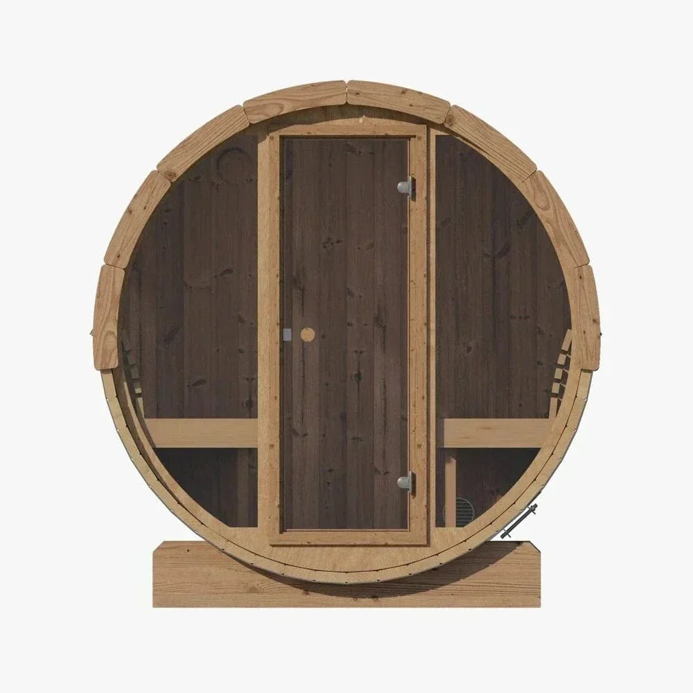 SaunaLife E8G 6-Person Outdoor Barrel Sauna with Full Glass Front, Thermo-Spruce ERGO Series Backyard Sauna