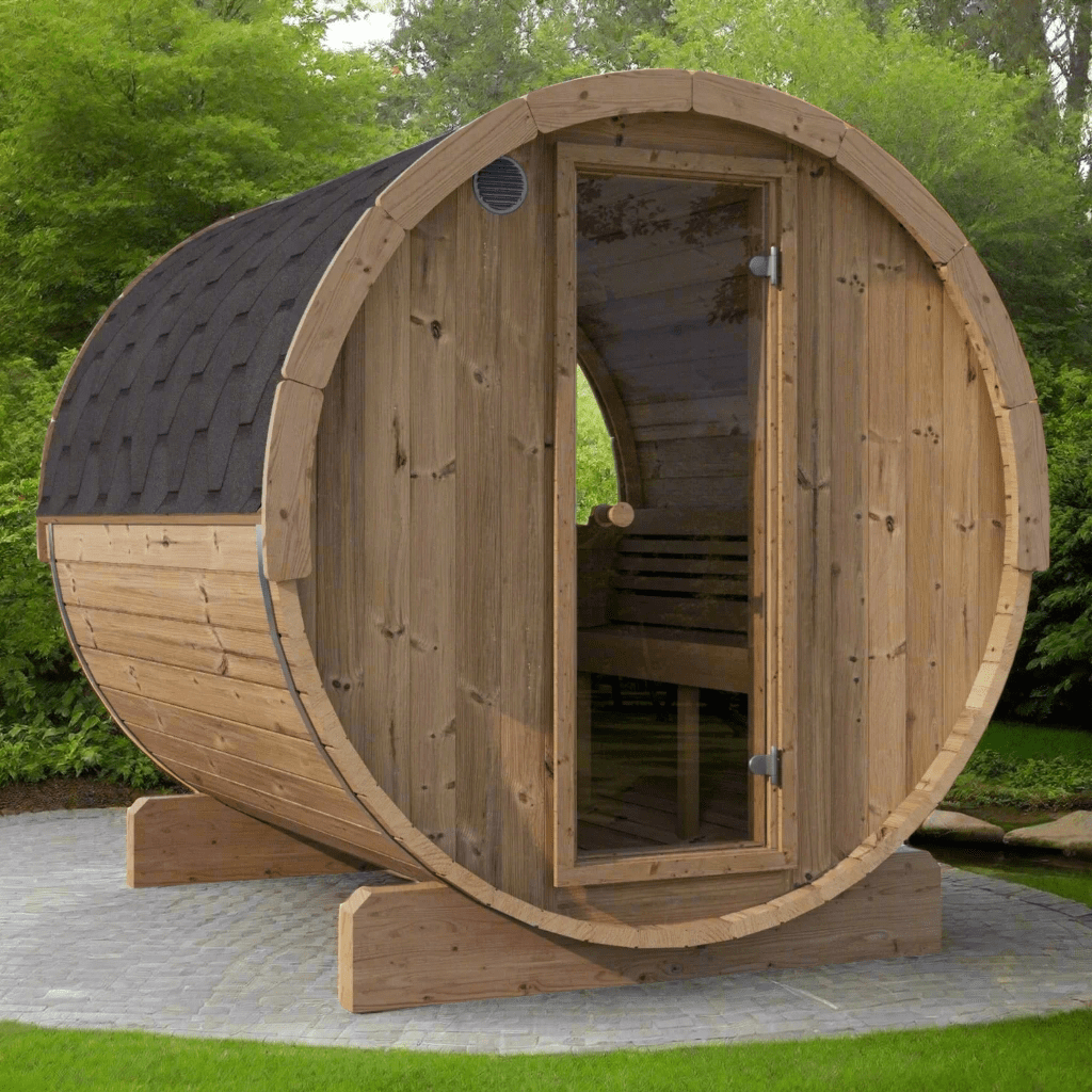 SaunaLife E8W Sauna Barrel Window 6 person outdoor sauna kit made from Thermo-Spruce with ergonomic benches and panoramic glass rear window