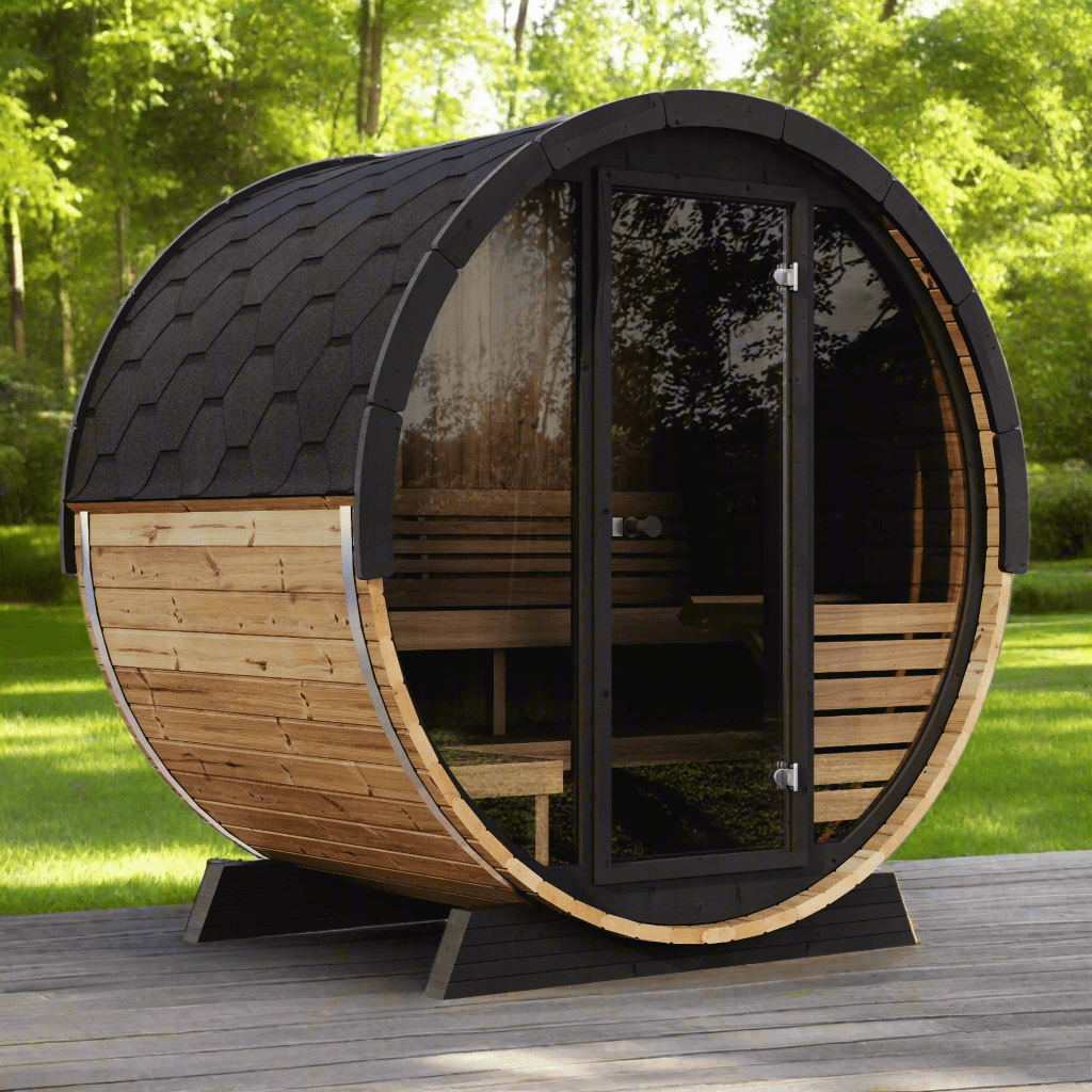 SaunaLife EE6G 4-person outdoor barrel sauna with steam heat therapy for stress relief and full-body relaxation