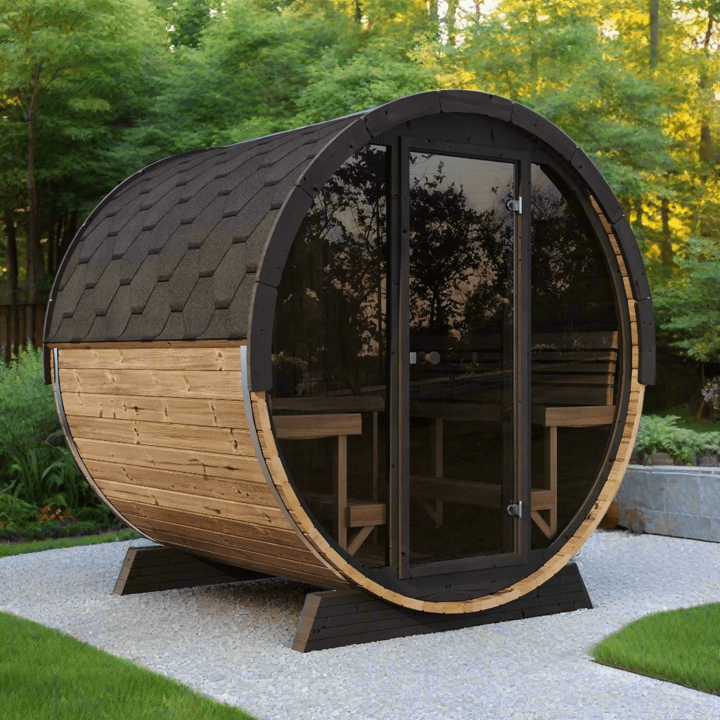 SaunaLife Model EE8G outdoor barrel sauna 8-person spacious backyard sauna ERGO-Series Elegance design with durable Thermo-Spruce wood build