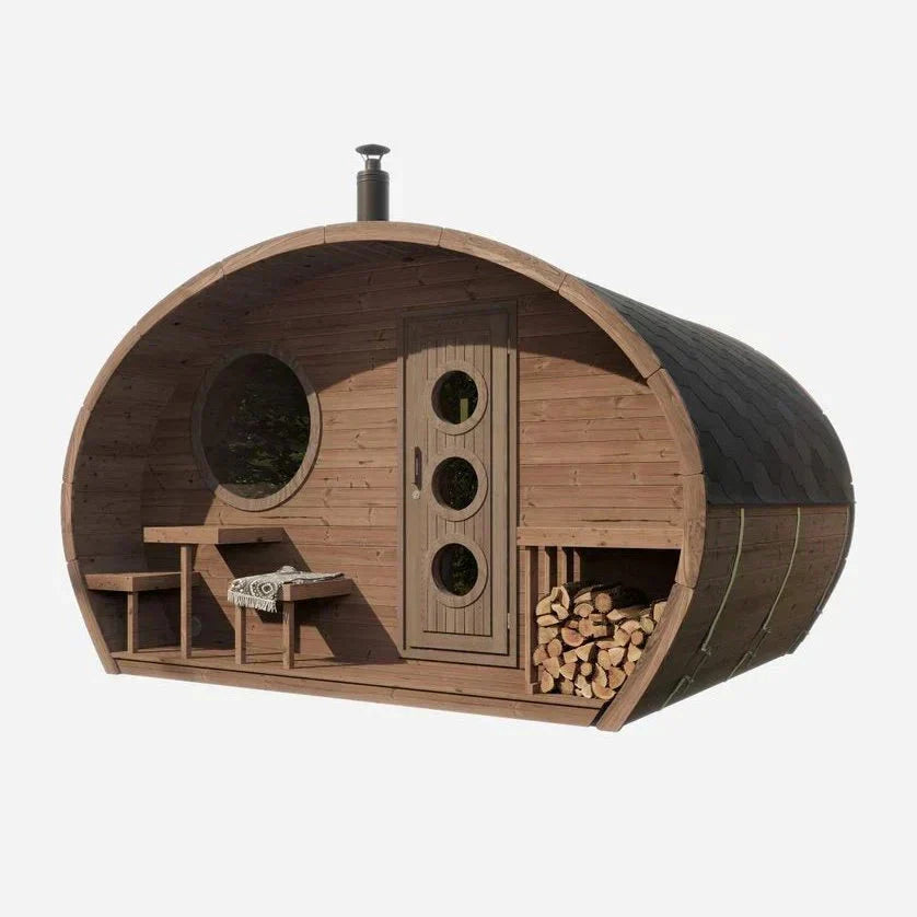 SaunaLife Garden Series G11 outdoor 2-room sauna for up to 8 persons, premium luxury backyard sauna suite designed for home wellness, relaxation, and durability