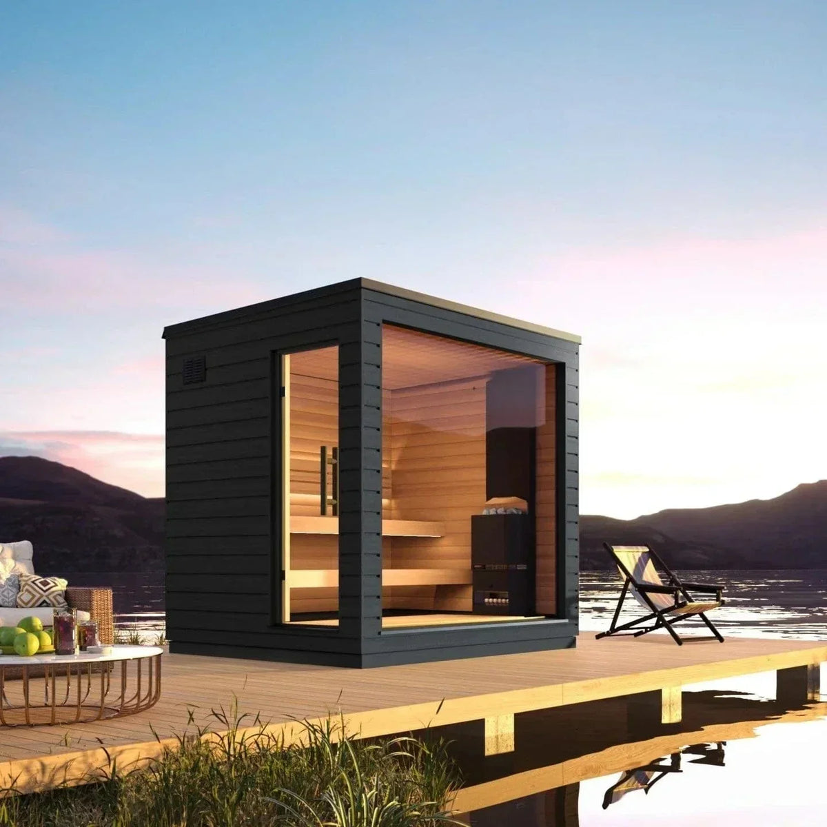 SaunaLife GARDEN-Series Model G6 luxury outdoor sauna cabin fully assembled with alder interior and black painted spruce exterior for home wellness