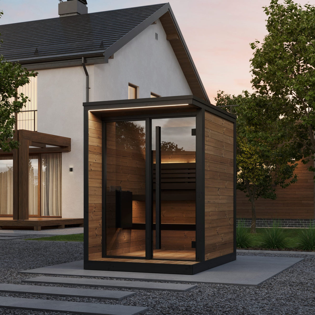 SaunaLife GL4 Outdoor 4 Person Sauna Kit Thermo-Spruce Garden Luxury-Series DIY backyard sauna with bronze glass front and modern Scandinavian design