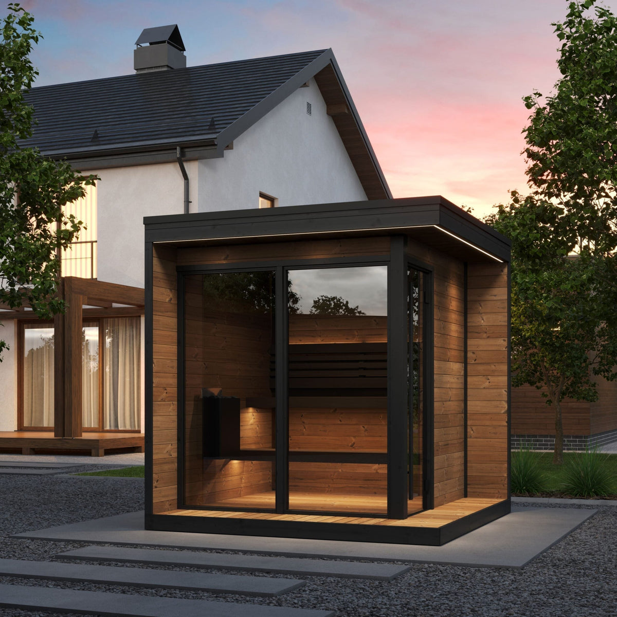 SaunaLife GL6 outdoor 6 person sauna kit Thermo-Spruce Garden Luxury-Series DIY backyard sauna with full glass front and contemporary design