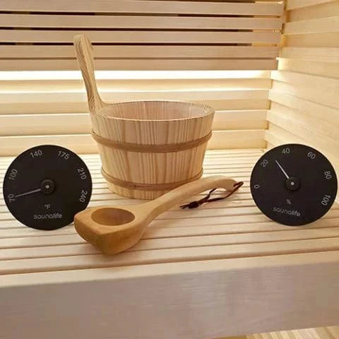 SaunaLife Wooden 1-Gallon Sauna Bucket, Wood Ladle, Thermometer, Hygrometer, Black ACCPKG-3