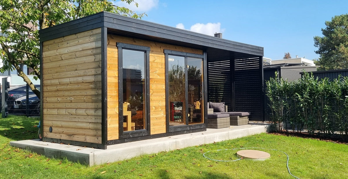 Leil Patio L Plus Outdoor Sauna for 5 People, premium ThermoWood garden sauna with extended relaxation space