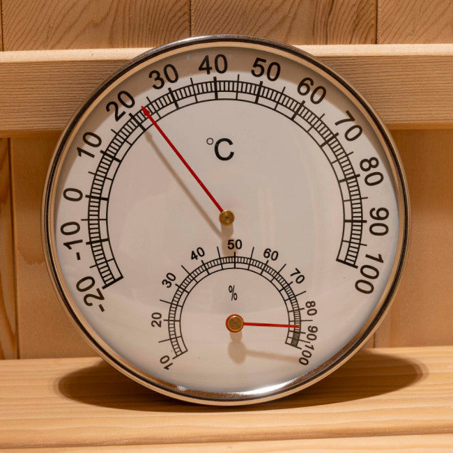 A round analog thermometer with a white face, black temperature markings, a red needle, and a smaller humidity dial, Golden Designs