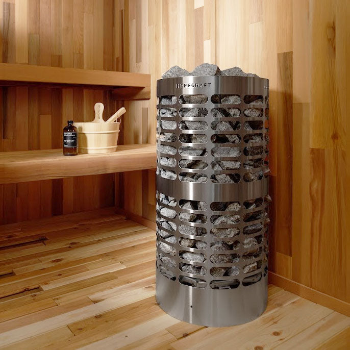 Homecraft electric sauna heater in a wooden sauna with stone-filled top
