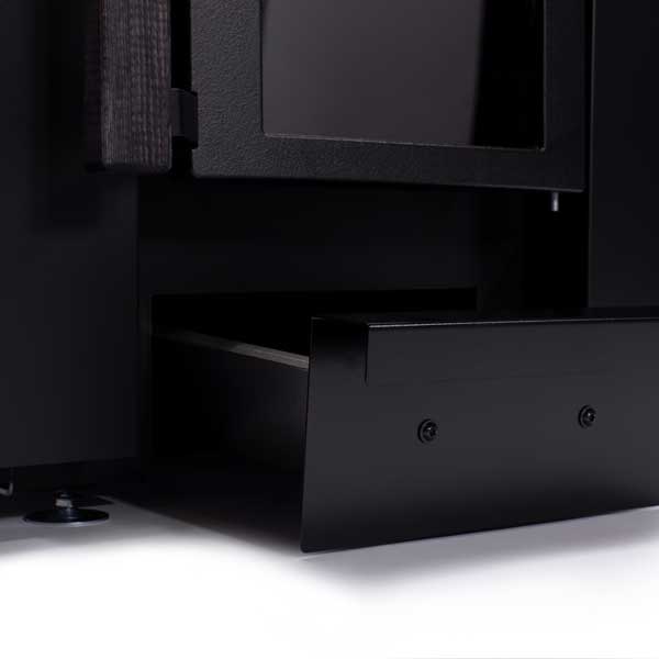 Black wood-burning heater lower front panel with open firebox area