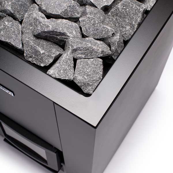 Top opening with dark gray stones and black metal heater side panels