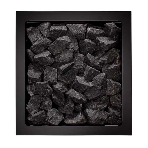 Black heater firebox filled with dark gray stones