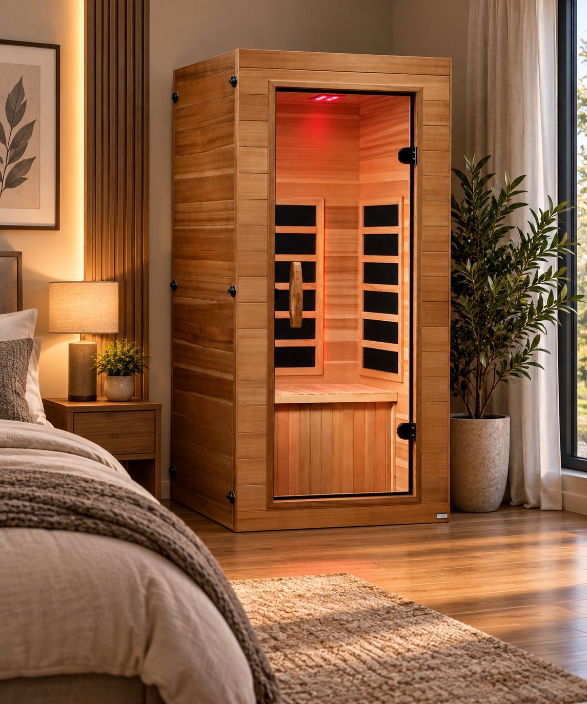 Compact 1-person wooden infrared sauna with glass door and red interior light
