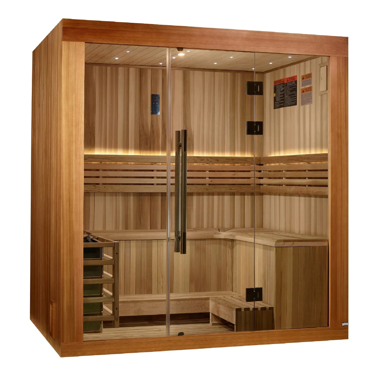 Golden Designs 2025 Copenhagen Edition 3-Person Traditional Sauna crafted with Canadian Red Cedar interior and Pacific Clear Cedar exterior for premium home wellness experience