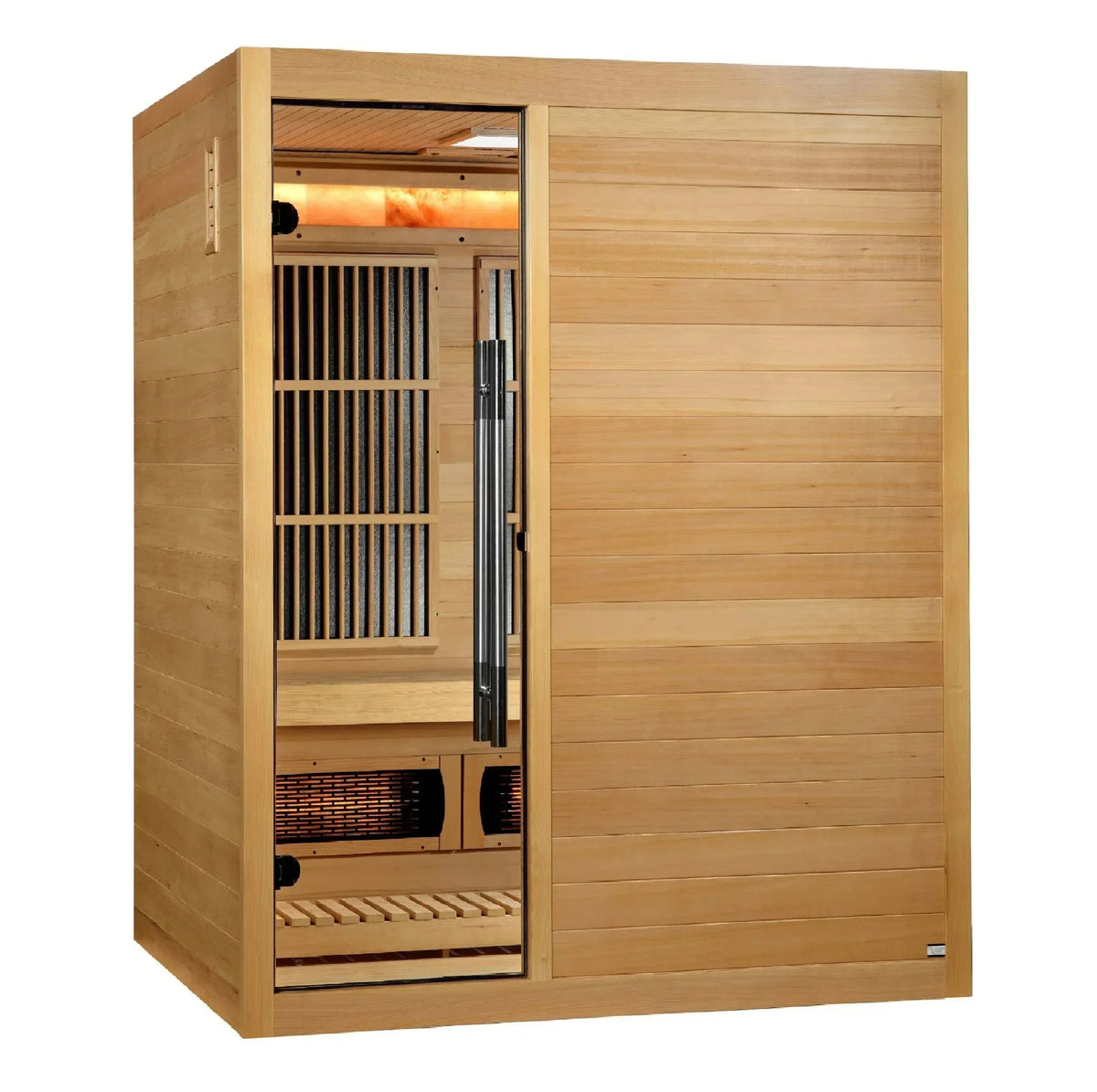 Golden Designs 2025 Soria GDI-8330-01 3-person hybrid indoor sauna with a bronze-tinted privacy tempered glass door.