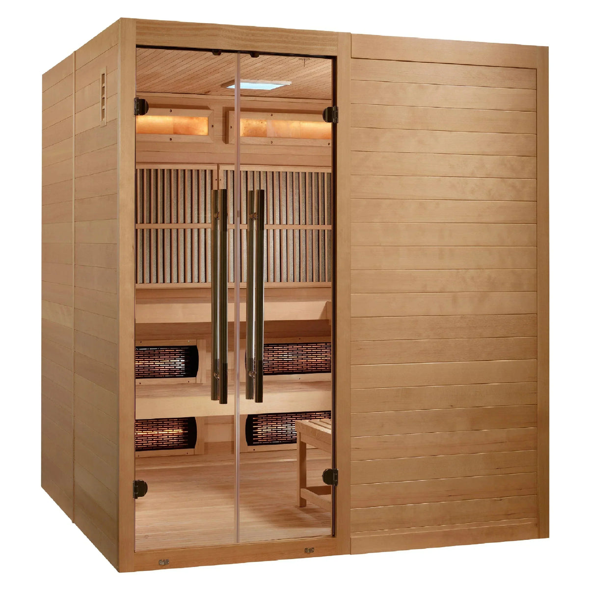 Golden Designs Toledo GDI-8360-01 6-person hybrid indoor sauna cabin crafted from natural Canadian Hemlock wood with wide glass frontage.