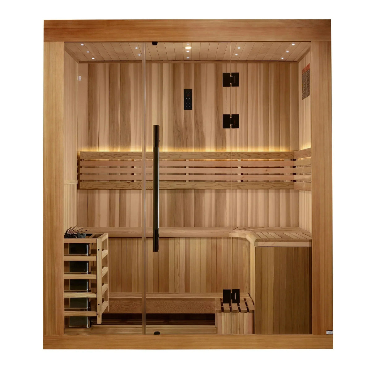 3-person Golden Designs Copenhagen Edition traditional sauna with cedar wood interior and elegant outdoor-ready cedar exterior finish