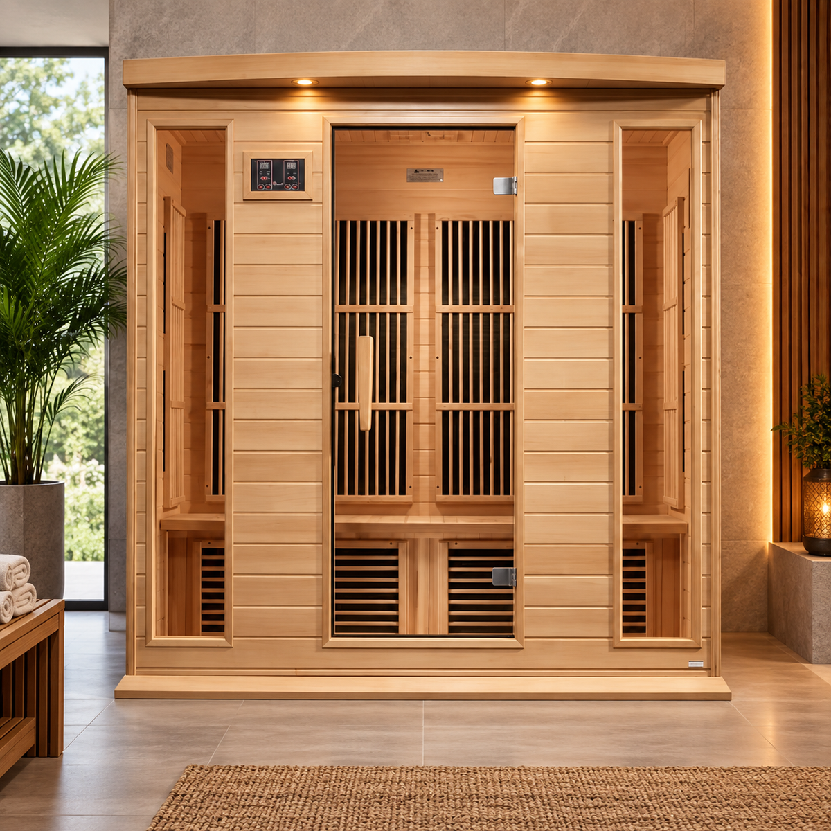 Maxxus near-zero EMF far infrared sauna front view with illuminated ceiling lights