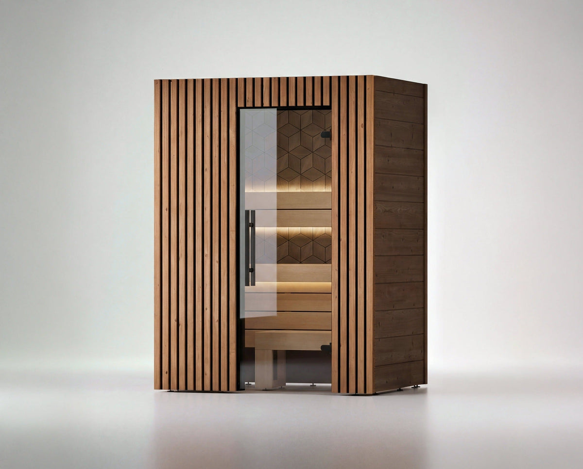 Leil Como 2-150 2 Person Indoor Sauna Kit made from Thermowood and Aspen, compact Scandinavian-style wooden home sauna for indoor wellness and relaxation