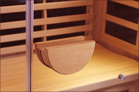 Wooden sauna door handle Clearlight Sanctuary 2 full spectrum infrared sauna interior for two people