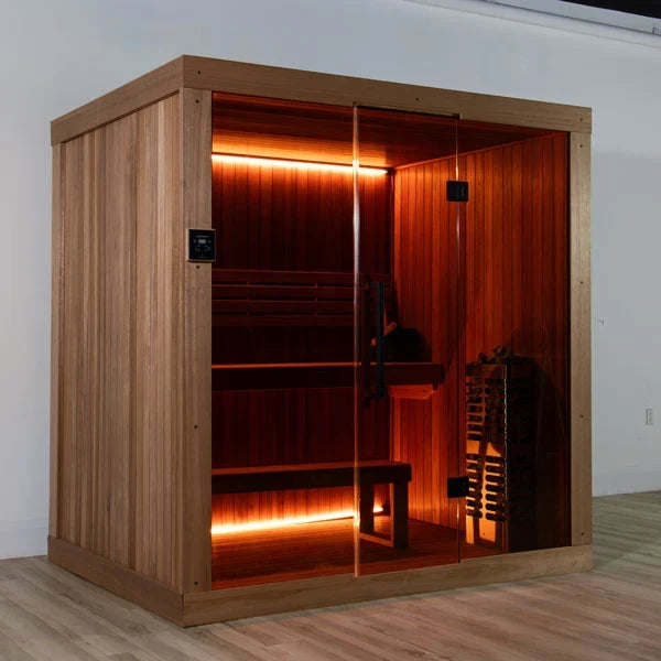 Freestanding wooden sauna with open door, bench, and warm interior lighting