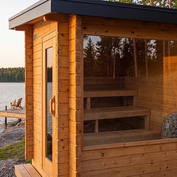 Wood sauna cabin with open bench seating inside and window opening