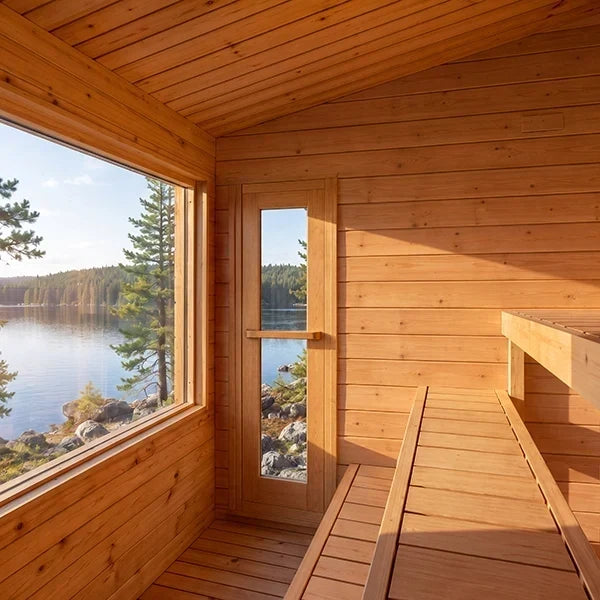 Wood sauna interior with built-in benches and panoramic window opening