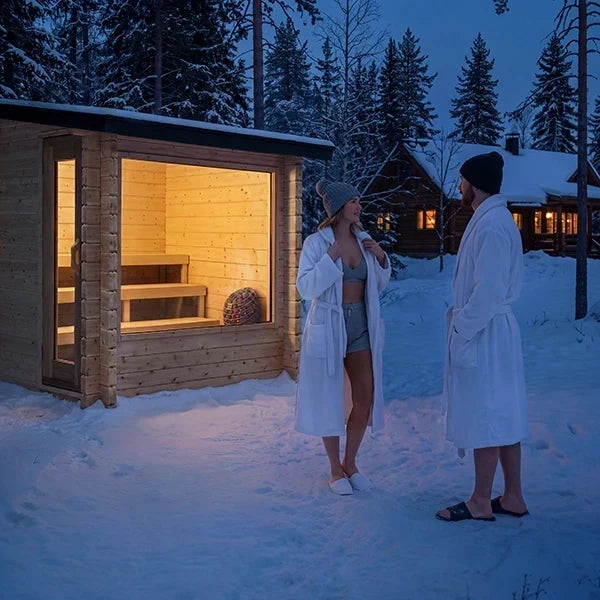 Wood sauna cabin in snowy yard with glass window and door