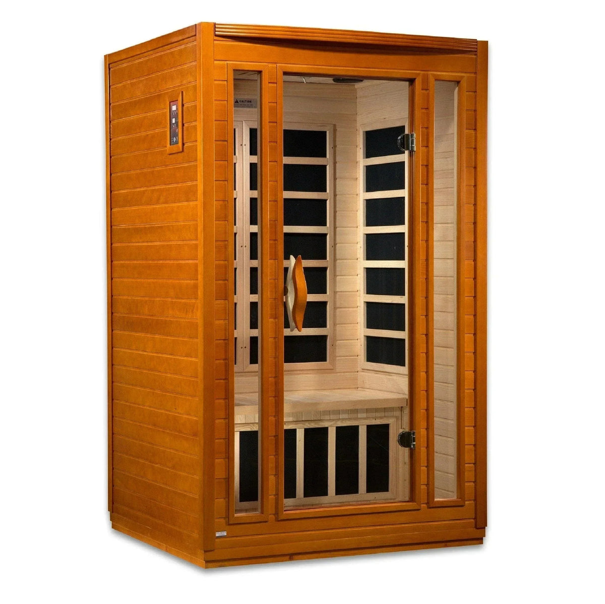 Dynamic San Marino 2-Person Low EMF FAR Infrared Sauna DYN-6206-01 made from Canadian Hemlock wood with Bluetooth audio, chromotherapy lighting, and space-saving indoor home wellness design.
